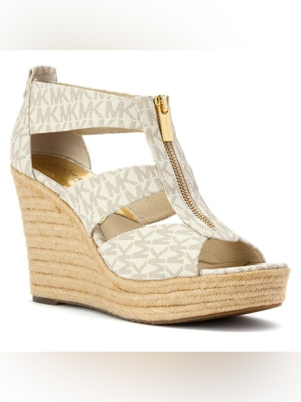 Michael Kors Ivory Logo Espadrille Wedge Sandal with Gold Zip